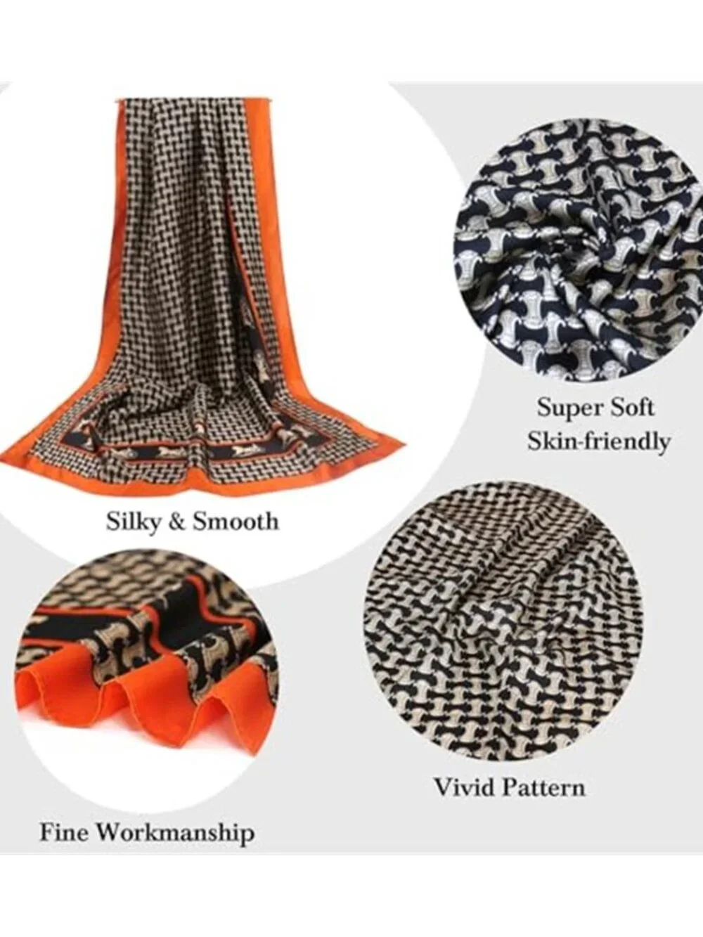 Brown Orange Horse Print Satin Scarf Long Lightweight Shawl Wrap